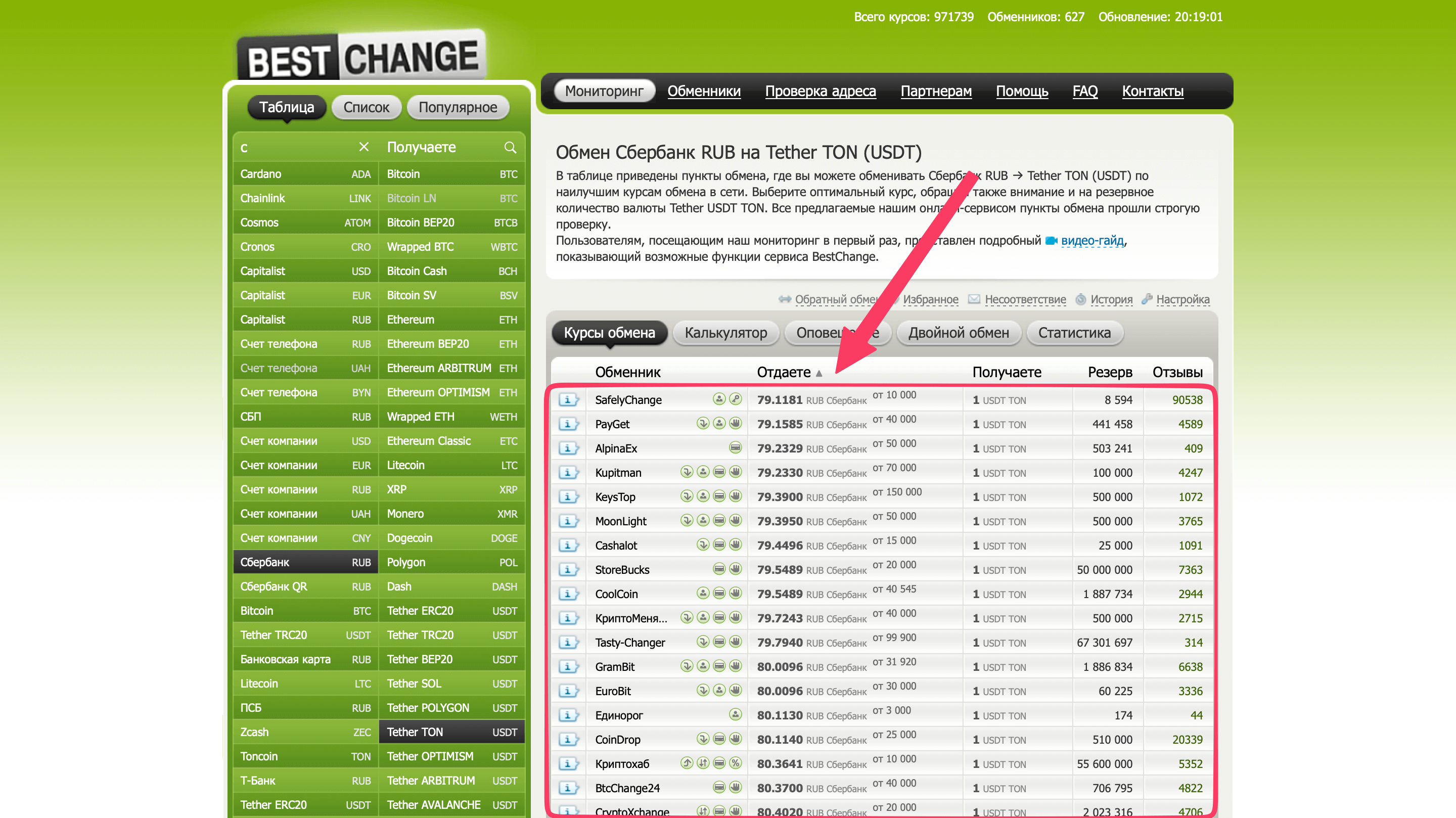 Выбор обменника на Bestchange